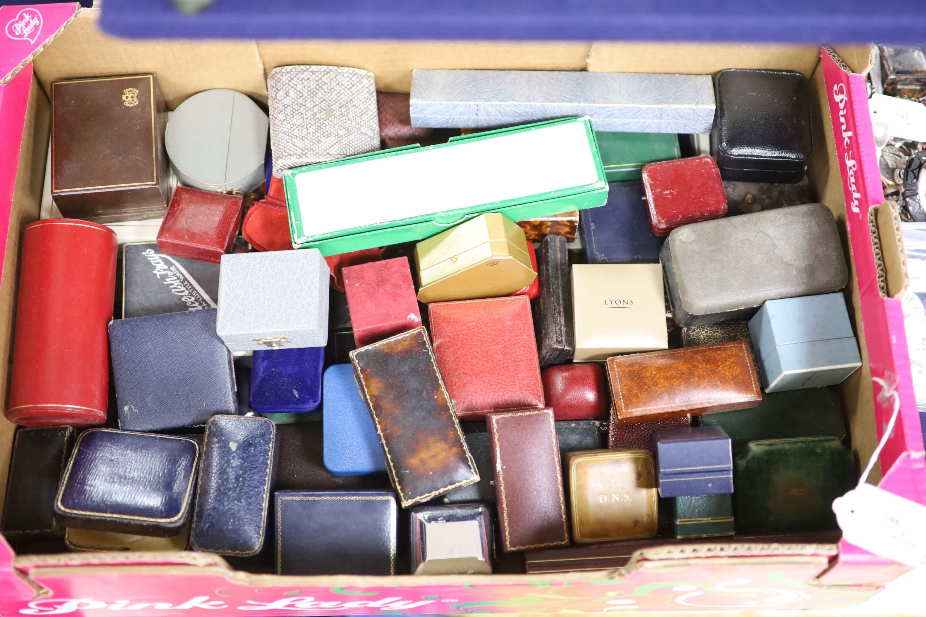 Seventy two assorted modern and earlier mainly jewellery boxes, including Garrard & Co, Pearce & Sons & J.C. Vickery.